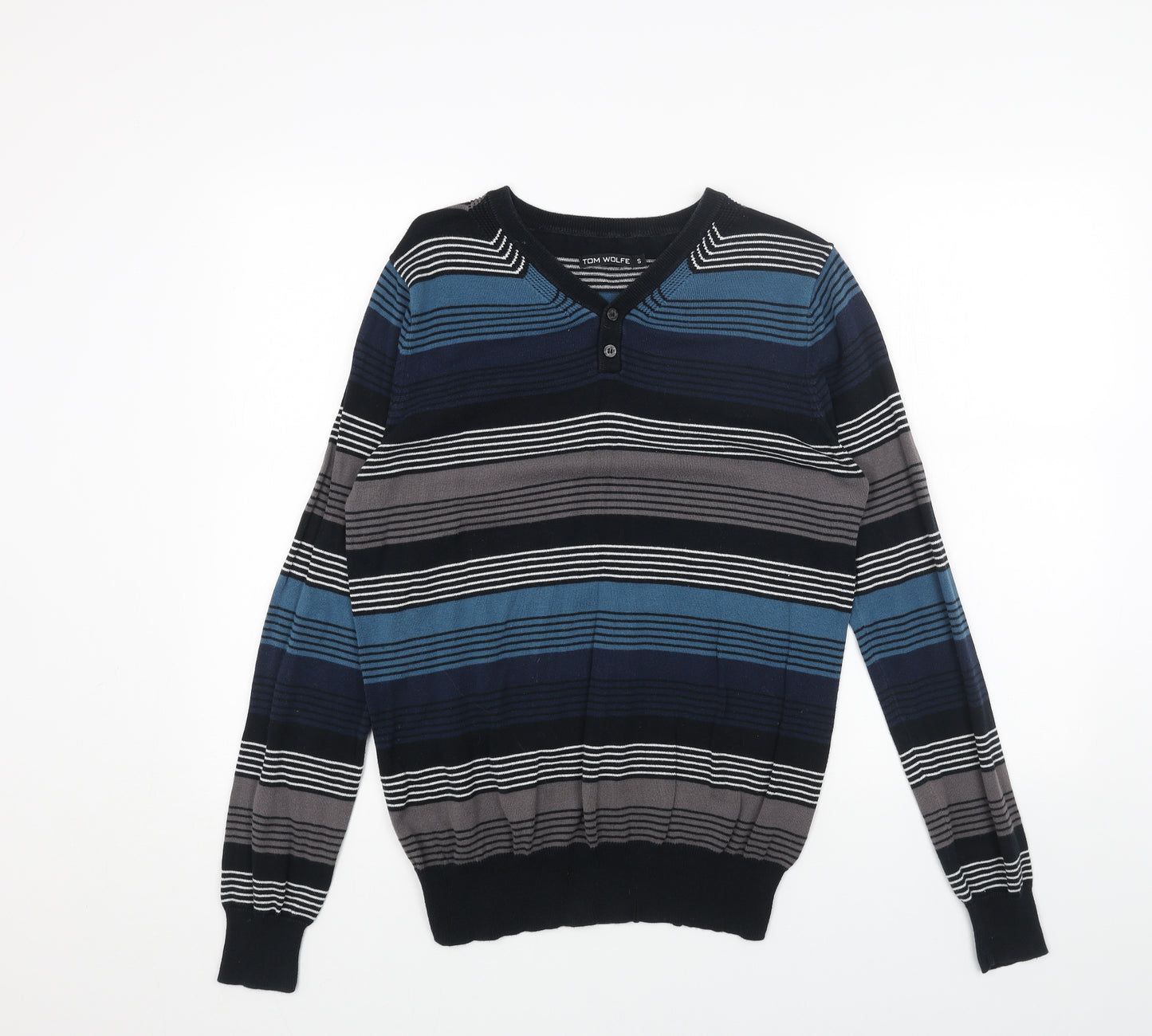 Tom Wolfe Womens Blue V-Neck Striped Acrylic Pullover Jumper Size S