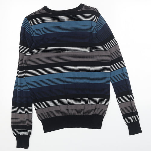 Tom Wolfe Womens Blue V-Neck Striped Acrylic Pullover Jumper Size S