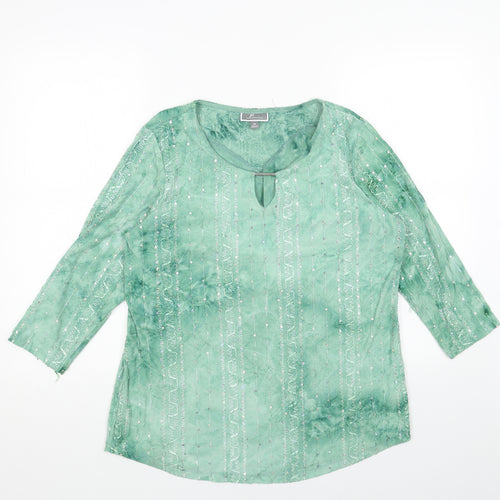 JM Collection Womens Green Geometric Cotton Basic Blouse Size M Round Neck