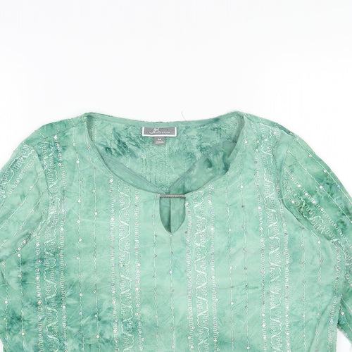 JM Collection Womens Green Geometric Cotton Basic Blouse Size M Round Neck