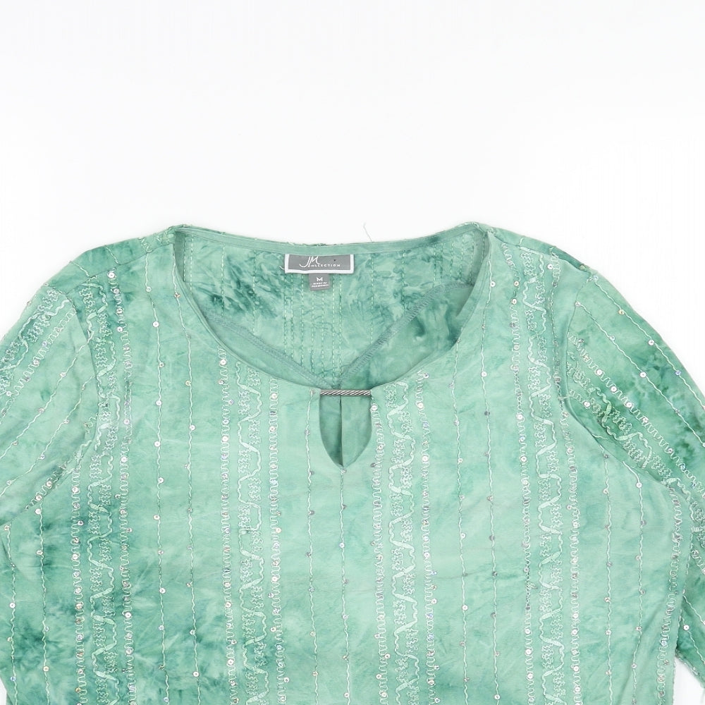 JM Collection Womens Green Geometric Cotton Basic Blouse Size M Round Neck