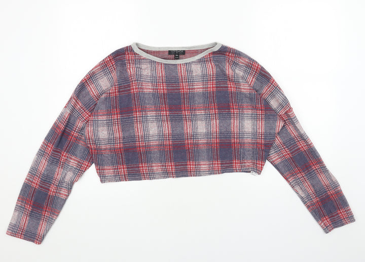 Topshop Womens Red Boat Neck Plaid Acrylic Pullover Jumper Size 10 - Cropped