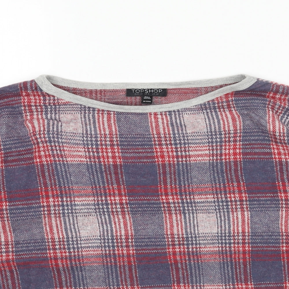 Topshop Womens Red Boat Neck Plaid Acrylic Pullover Jumper Size 10 - Cropped
