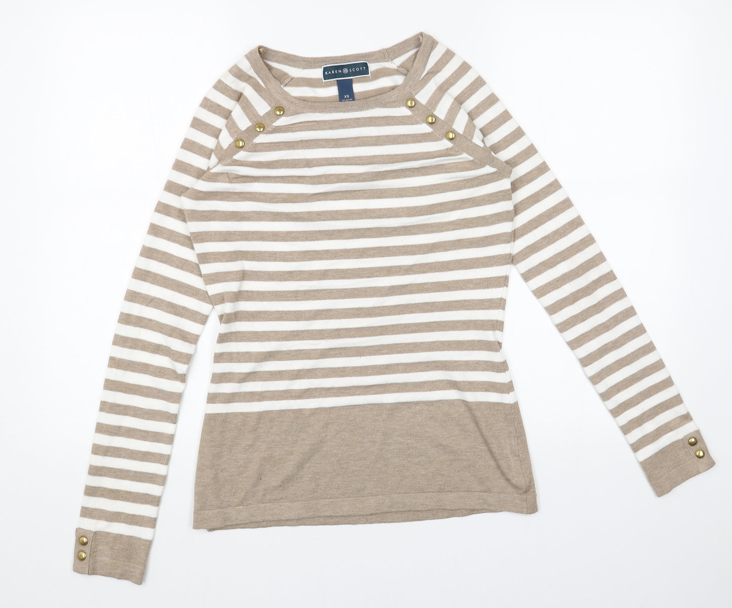 Karen Scott Womens Beige Scoop Neck Striped Acrylic Pullover Jumper Size XS