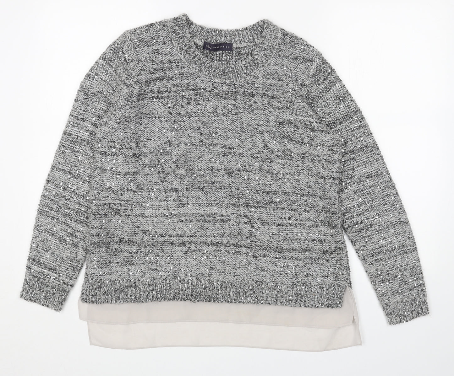 Marks and Spencer Womens Grey Scoop Neck Acrylic Pullover Jumper Size 12 - Chiffon Hem