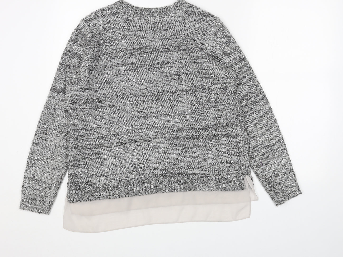 Marks and Spencer Womens Grey Scoop Neck Acrylic Pullover Jumper Size 12 - Chiffon Hem