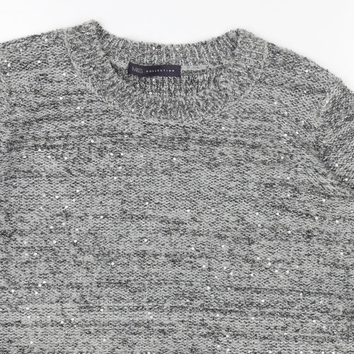 Marks and Spencer Womens Grey Scoop Neck Acrylic Pullover Jumper Size 12 - Chiffon Hem