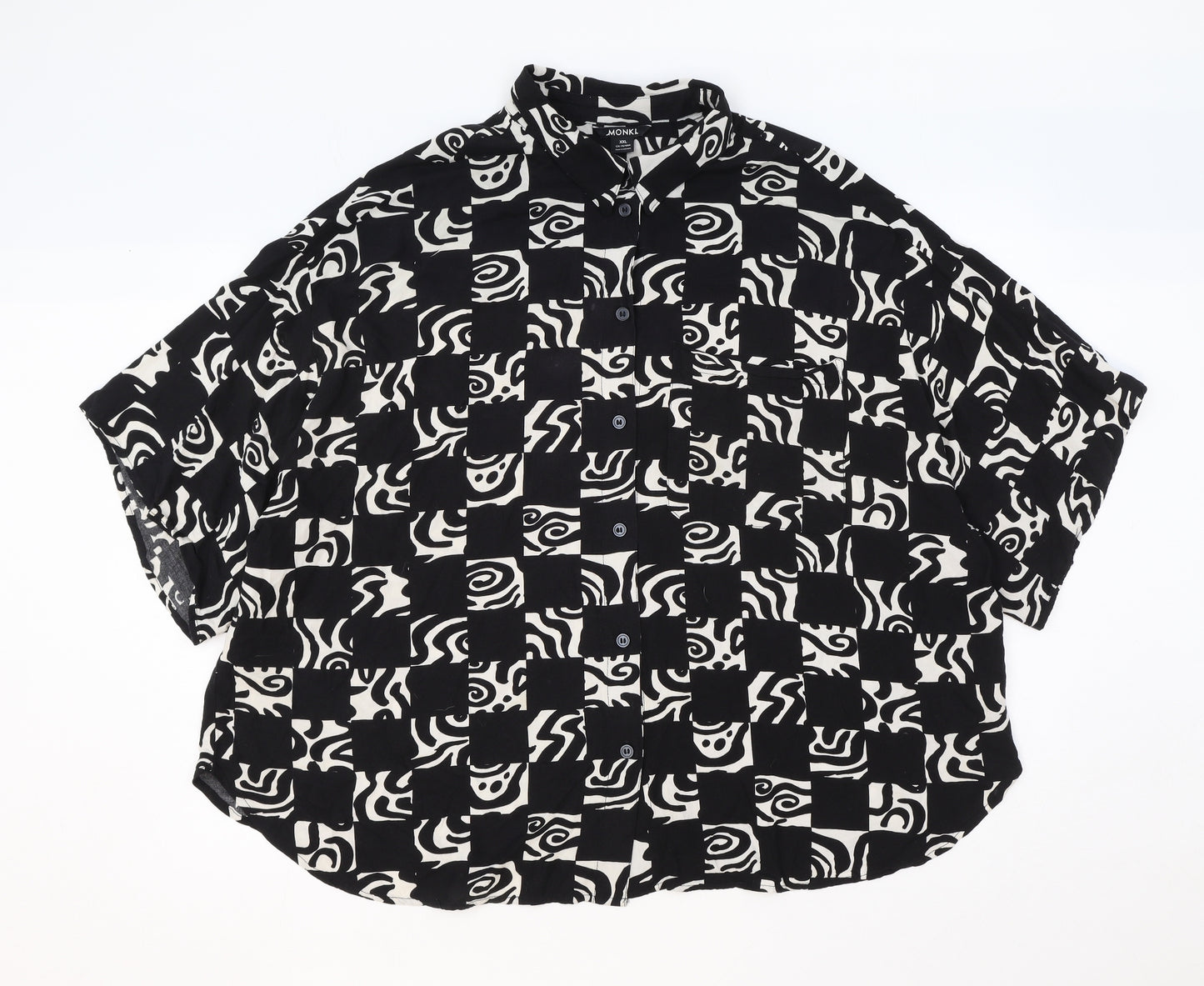 Monki Womens Black Geometric Viscose Basic Button-Up Size 2XL Collared