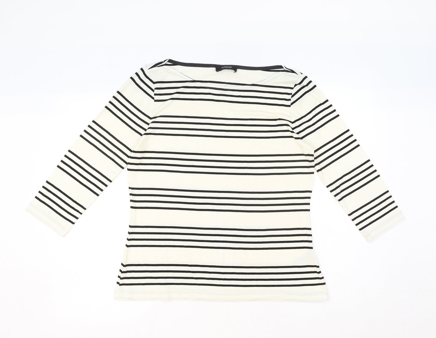 Autograph Womens Ivory Striped Viscose Basic T-Shirt Size 12 Round Neck