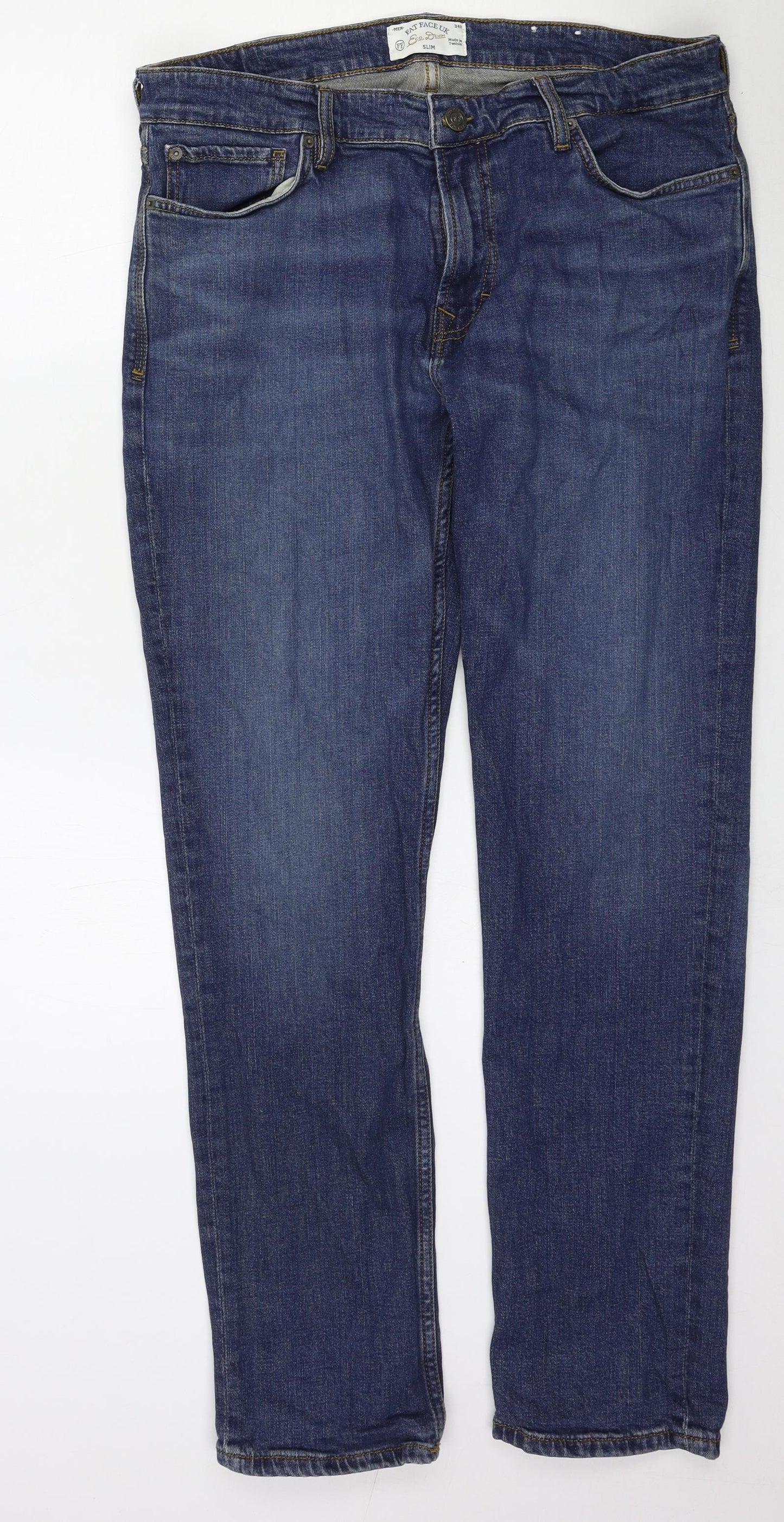 Fat Face Mens Blue Cotton Straight Jeans Size 34 in Slim Zip