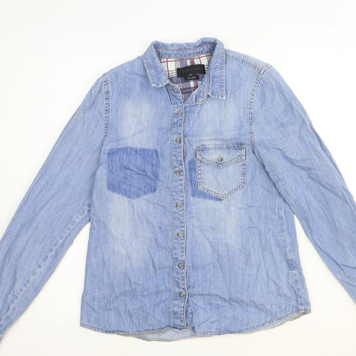 River Island Womens Blue Cotton Basic Button-Up Size 10 Collared