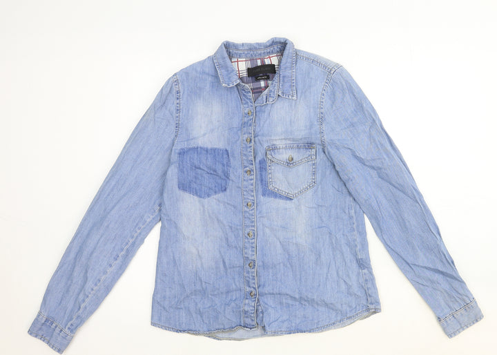 River Island Womens Blue Cotton Basic Button-Up Size 10 Collared