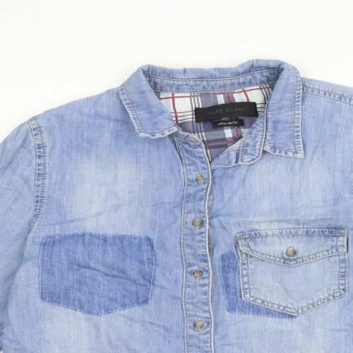 River Island Womens Blue Cotton Basic Button-Up Size 10 Collared