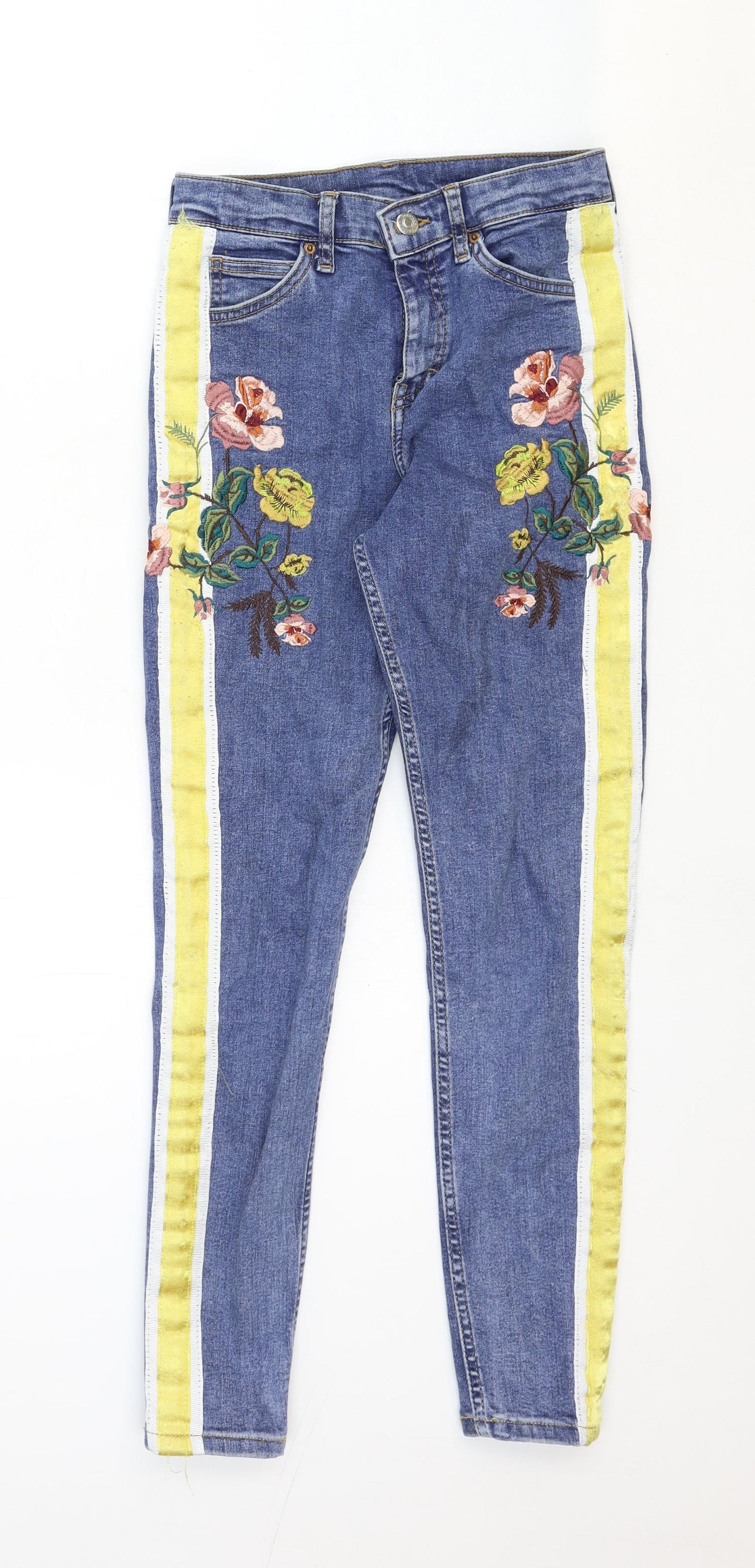Topshop Womens Blue Cotton Skinny Jeans Size 32 in Regular Zip - Flower Detail