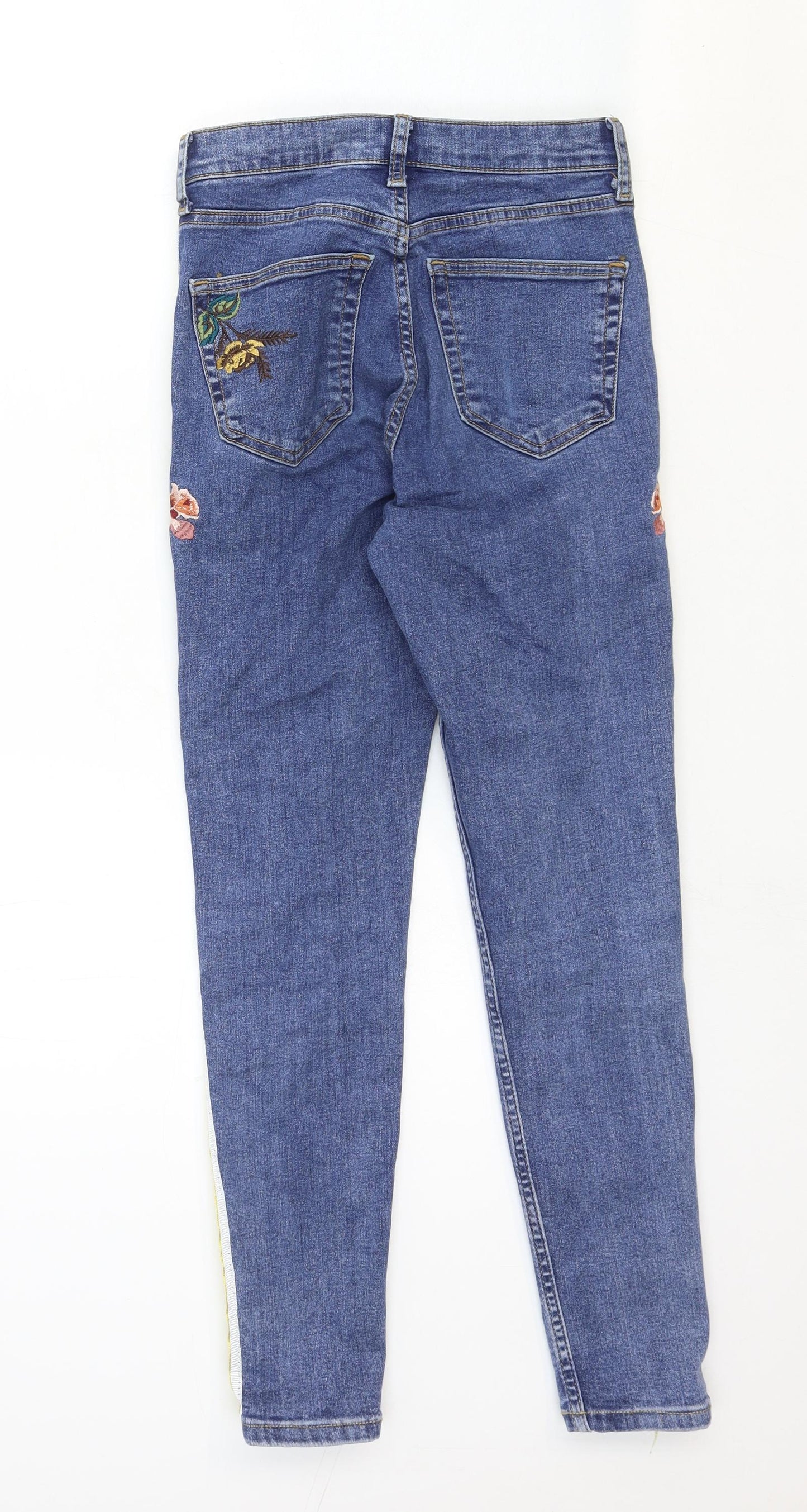 Topshop Womens Blue Cotton Skinny Jeans Size 32 in Regular Zip - Flower Detail