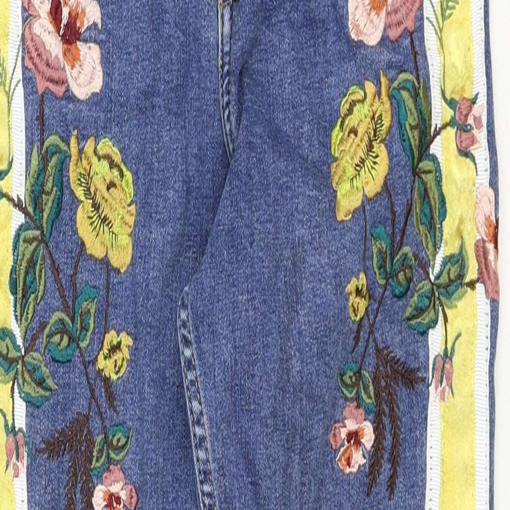 Topshop Womens Blue Cotton Skinny Jeans Size 32 in Regular Zip - Flower Detail
