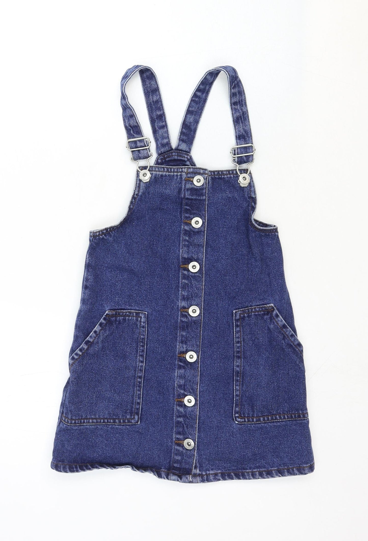 Denim & Co. Girls Blue Cotton Pinafore/Dungaree Dress Size 8-9 Years Square Neck Buckle
