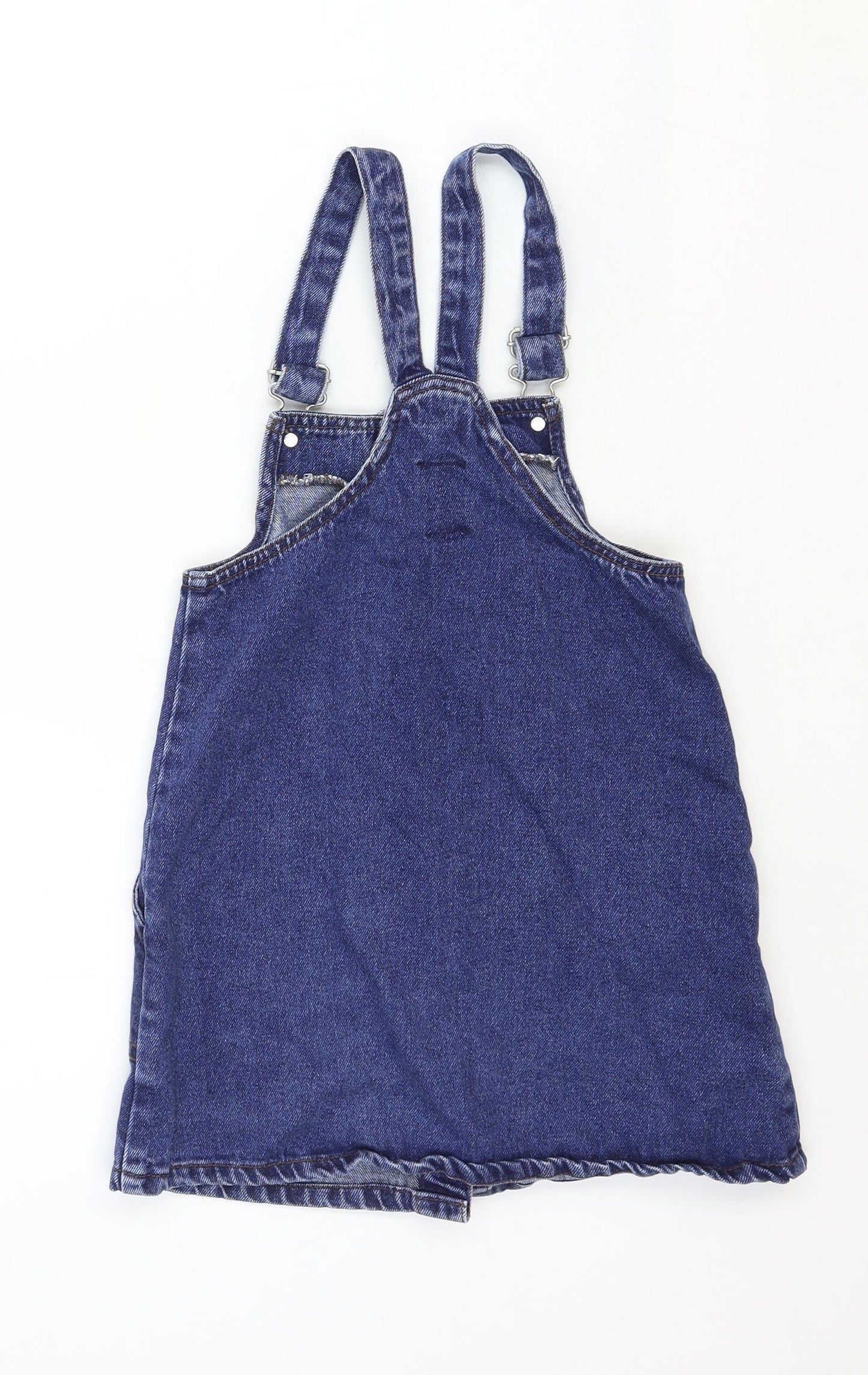 Denim & Co. Girls Blue Cotton Pinafore/Dungaree Dress Size 8-9 Years Square Neck Buckle