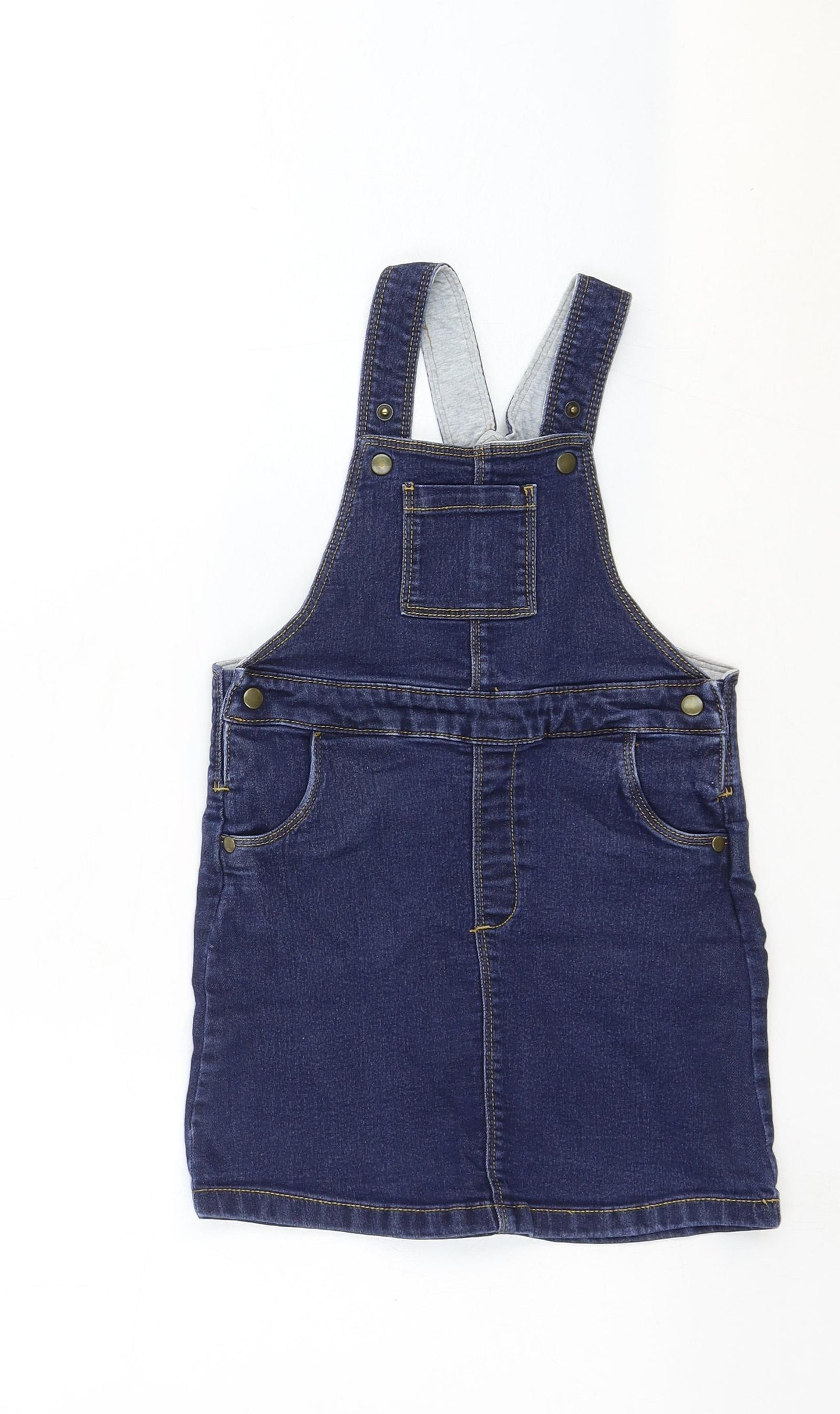 Marks and Spencer Girls Blue Cotton Pinafore/Dungaree Dress Size 2-3 Years Square Neck Snap