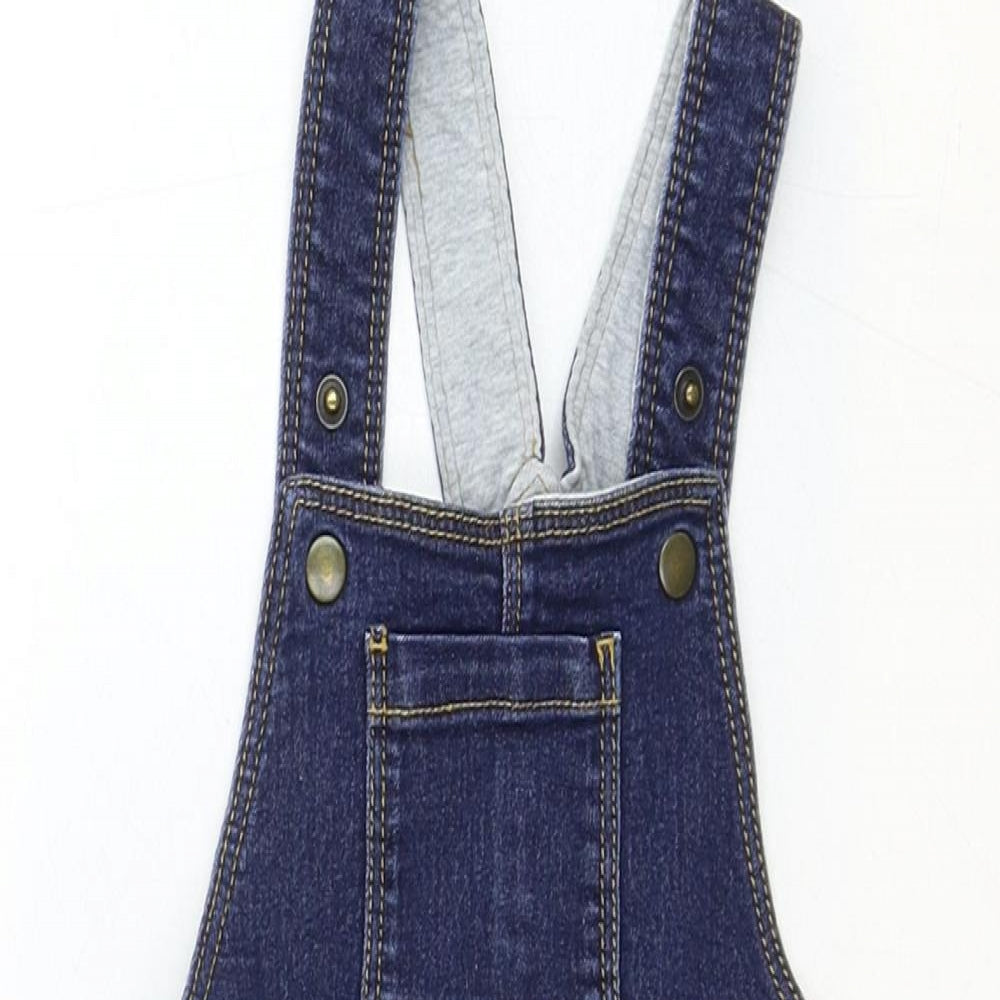 Marks and Spencer Girls Blue Cotton Pinafore/Dungaree Dress Size 2-3 Years Square Neck Snap