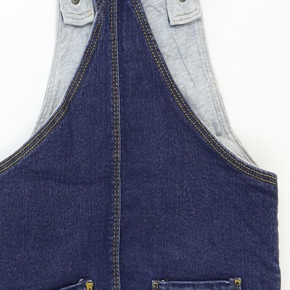 Marks and Spencer Girls Blue Cotton Pinafore/Dungaree Dress Size 2-3 Years Square Neck Snap