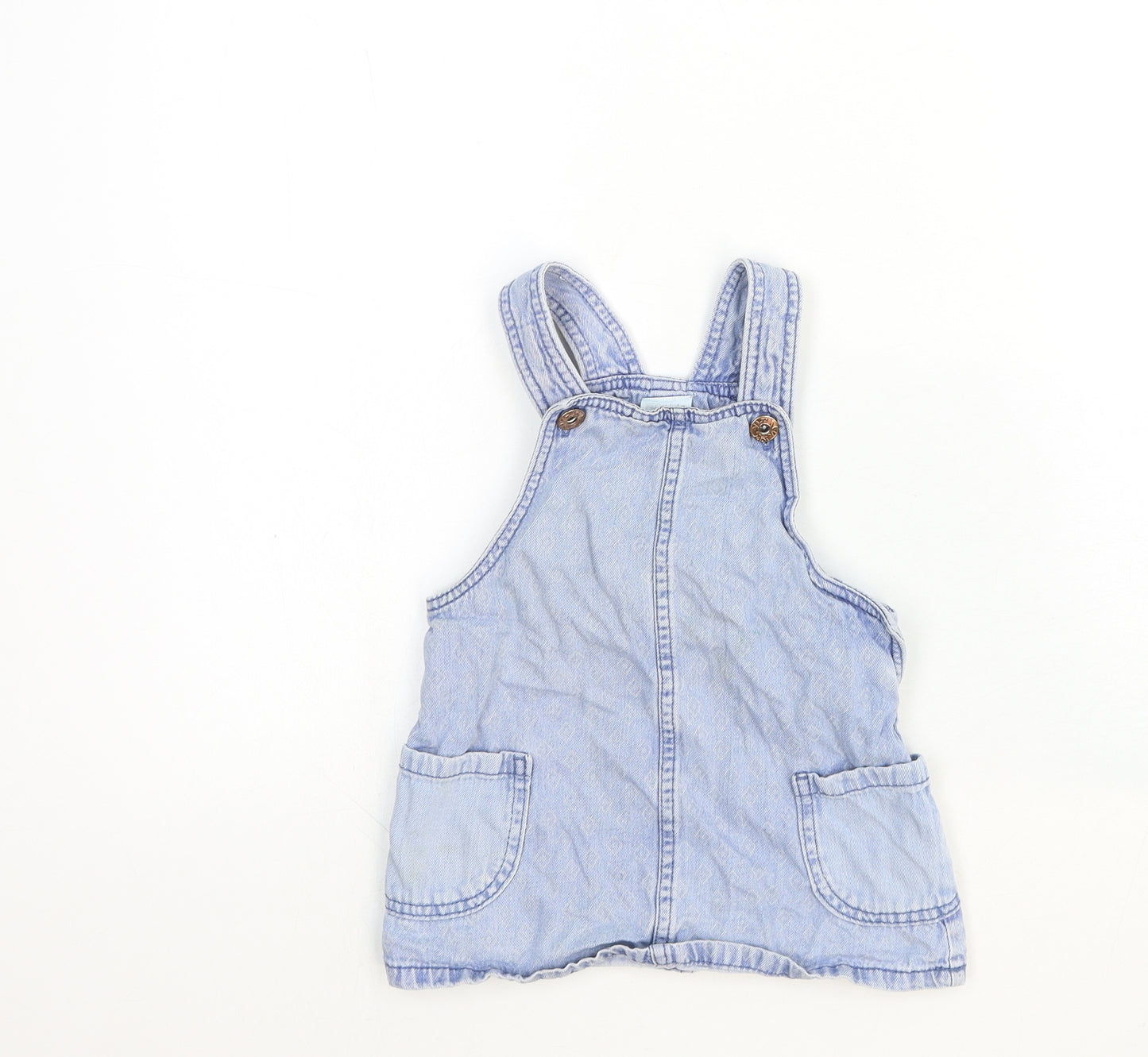 F&F Girls Blue Cotton Pinafore/Dungaree Dress Size 2-3 Years Square Neck Snap