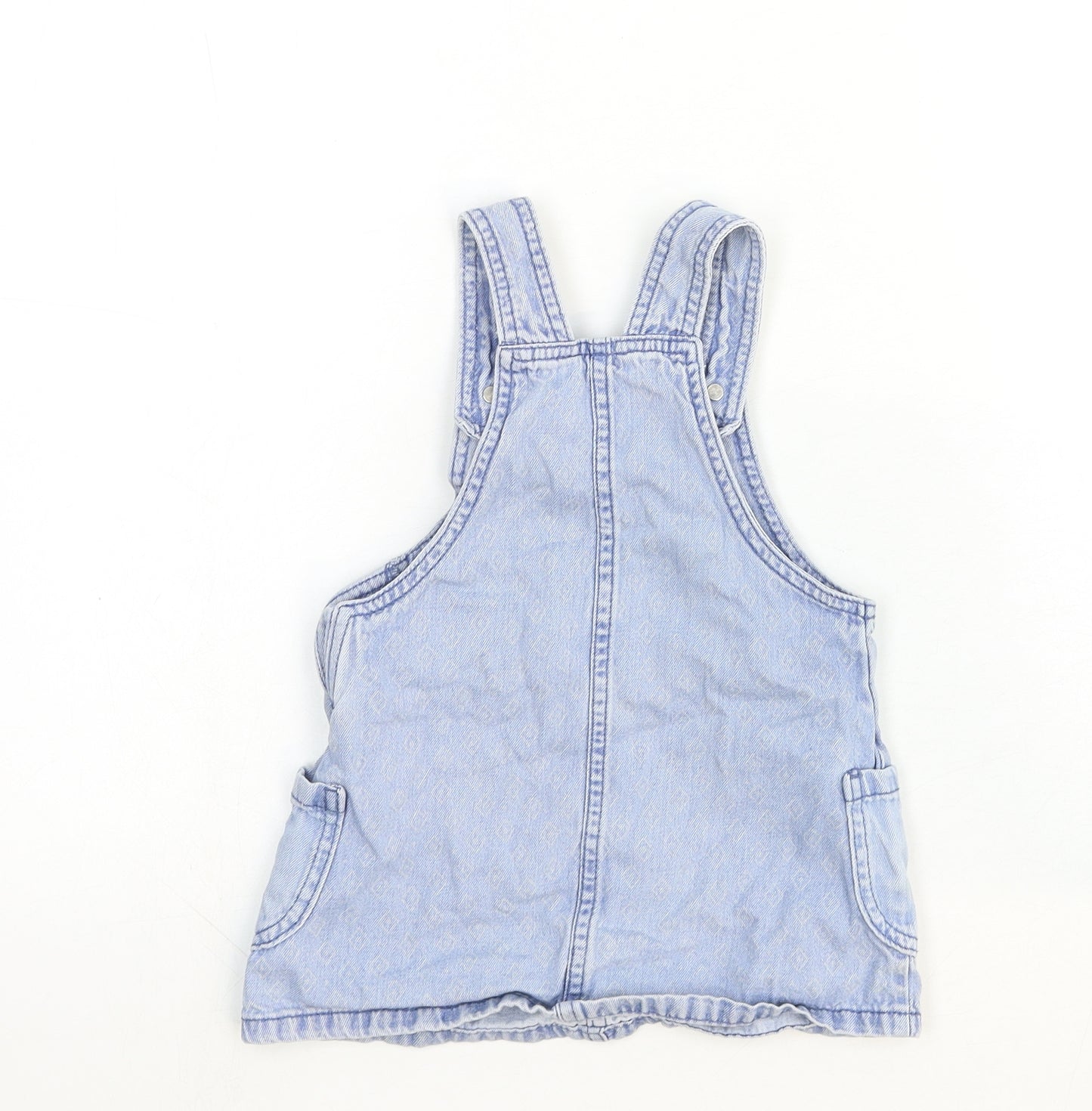 F&F Girls Blue Cotton Pinafore/Dungaree Dress Size 2-3 Years Square Neck Snap