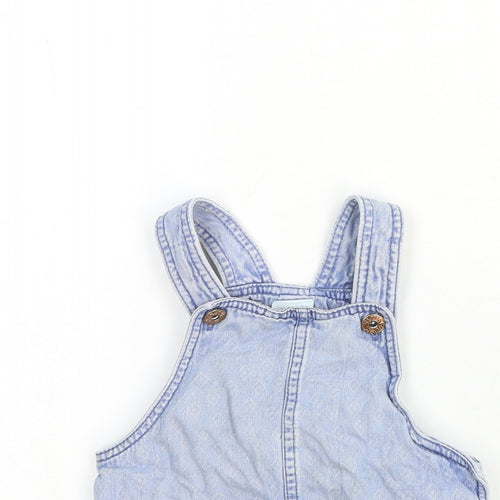 F&F Girls Blue Cotton Pinafore/Dungaree Dress Size 2-3 Years Square Neck Snap
