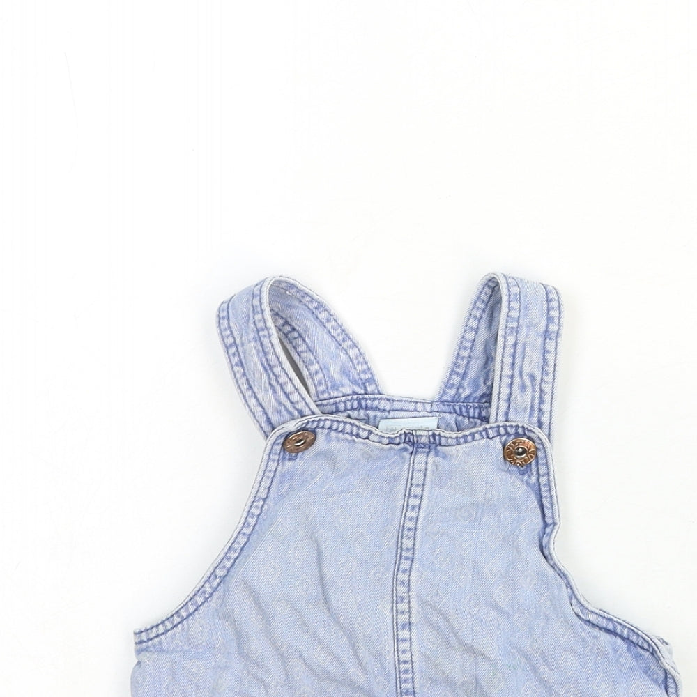 F&F Girls Blue Cotton Pinafore/Dungaree Dress Size 2-3 Years Square Neck Snap