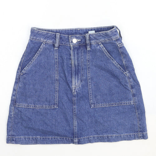&Denim Womens Blue Cotton A-Line Skirt Size 6 Zip
