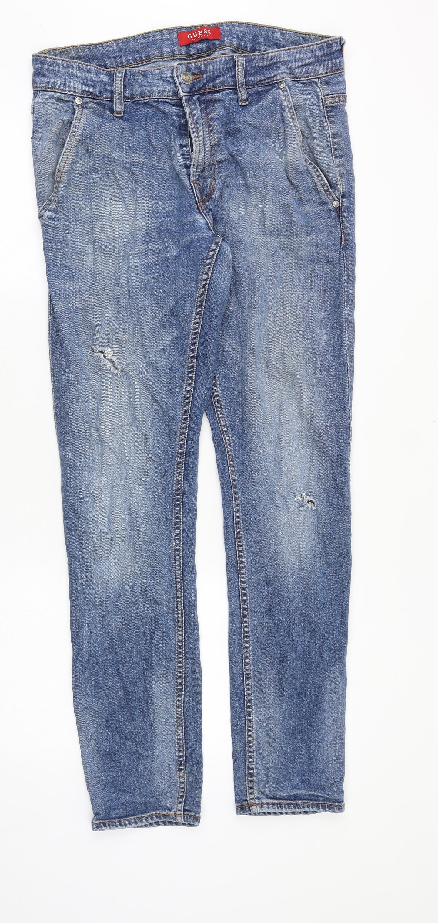 GUESS Womens Blue Cotton Straight Jeans Size 32 in Regular Zip - Distressed