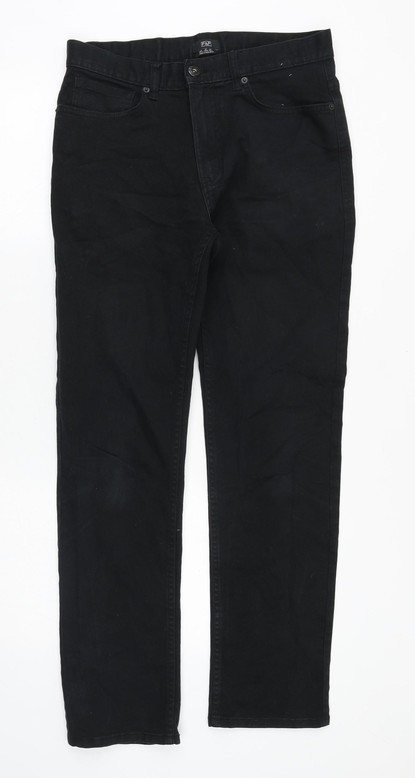F&F Mens Black Cotton Straight Jeans Size 30 in Regular Zip