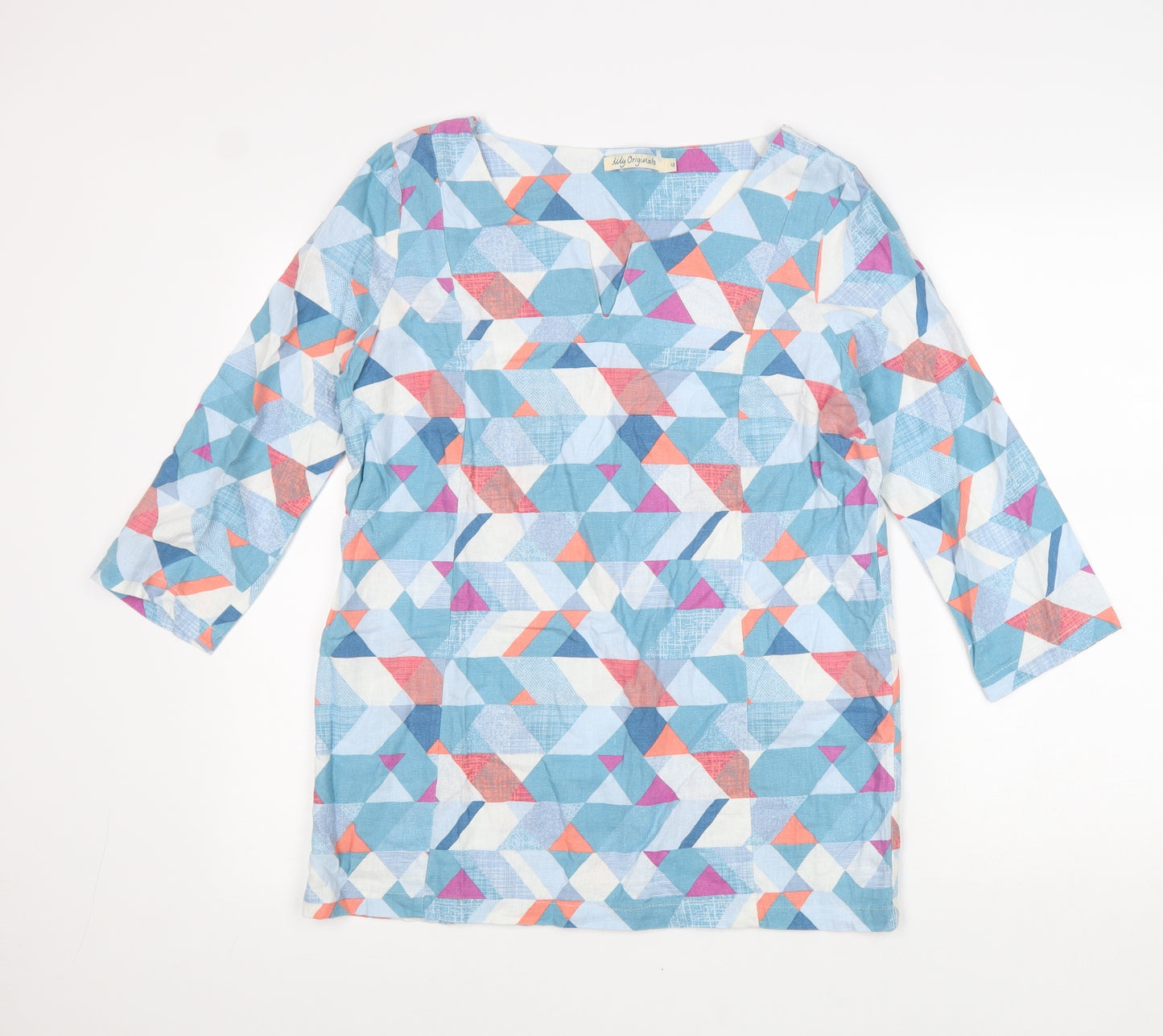 Lily Originals Womens Blue Geometric Linen Basic Blouse Size 12 V-Neck
