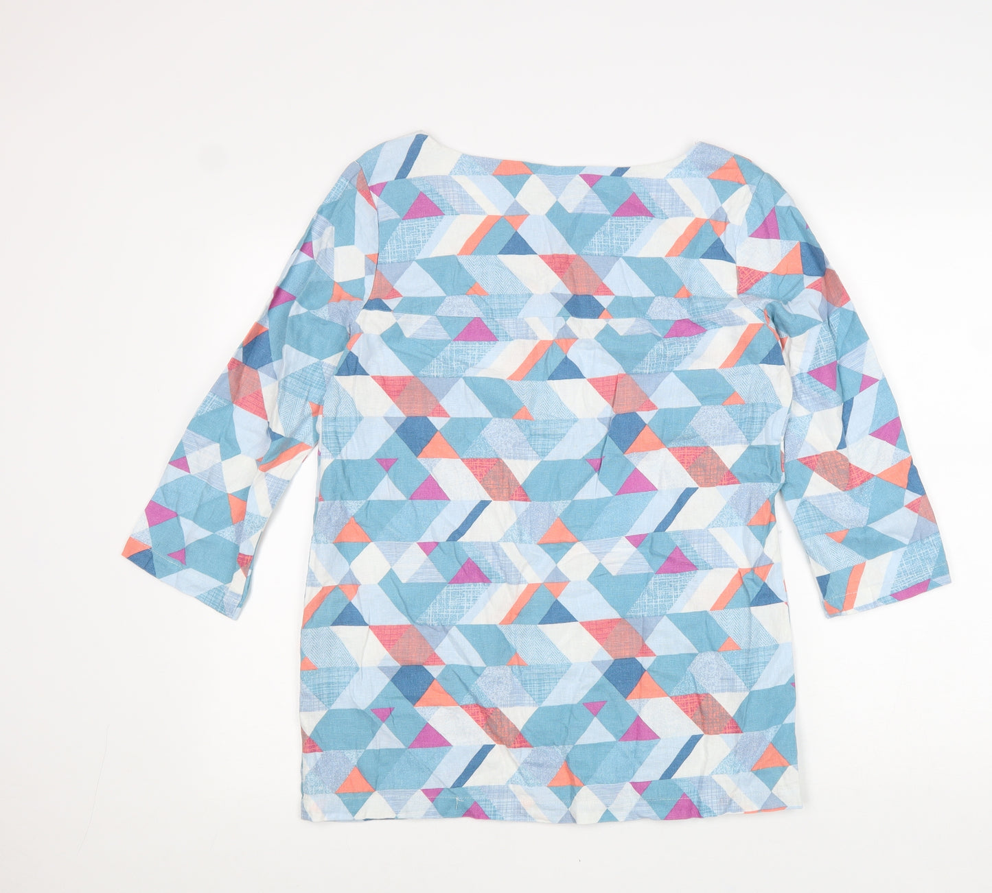 Lily Originals Womens Blue Geometric Linen Basic Blouse Size 12 V-Neck