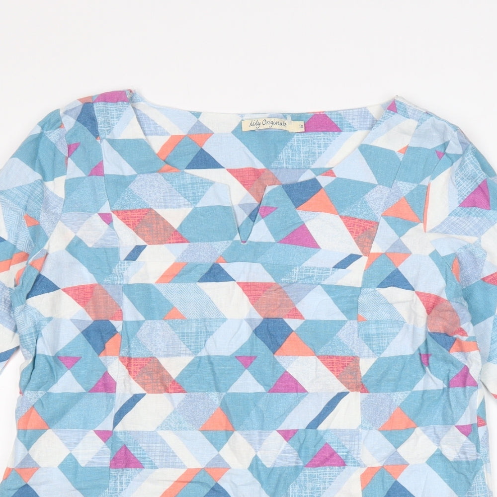Lily Originals Womens Blue Geometric Linen Basic Blouse Size 12 V-Neck