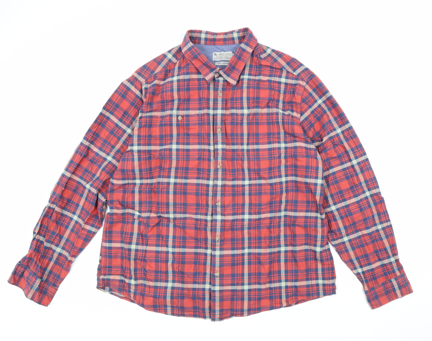 TU Mens Red Plaid Cotton Button-Up Size 2XL Collared Button