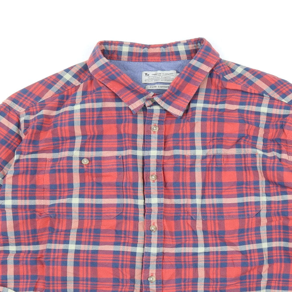 TU Mens Red Plaid Cotton Button-Up Size 2XL Collared Button