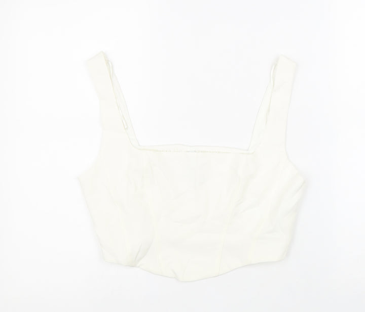 Stradivarius Womens White Polyester Cropped Tank Size L Square Neck