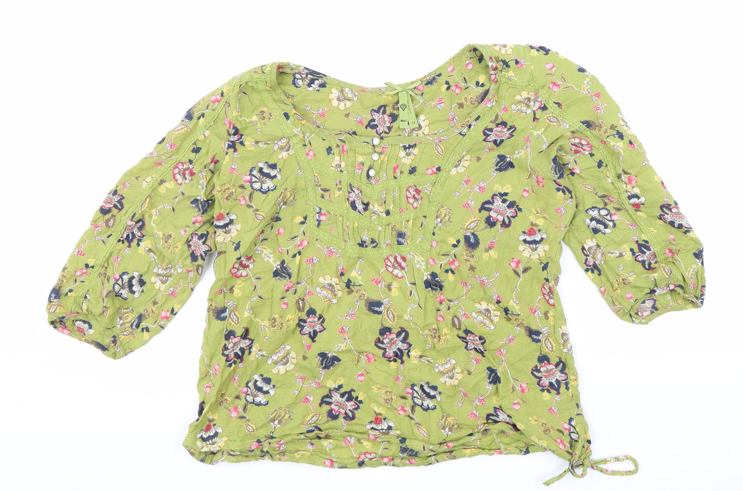 NEXT Womens Green Floral 100% Cotton Basic Blouse Size 14 Scoop Neck - Side Tie Detail