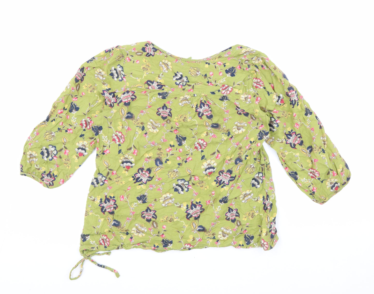 NEXT Womens Green Floral 100% Cotton Basic Blouse Size 14 Scoop Neck - Side Tie Detail
