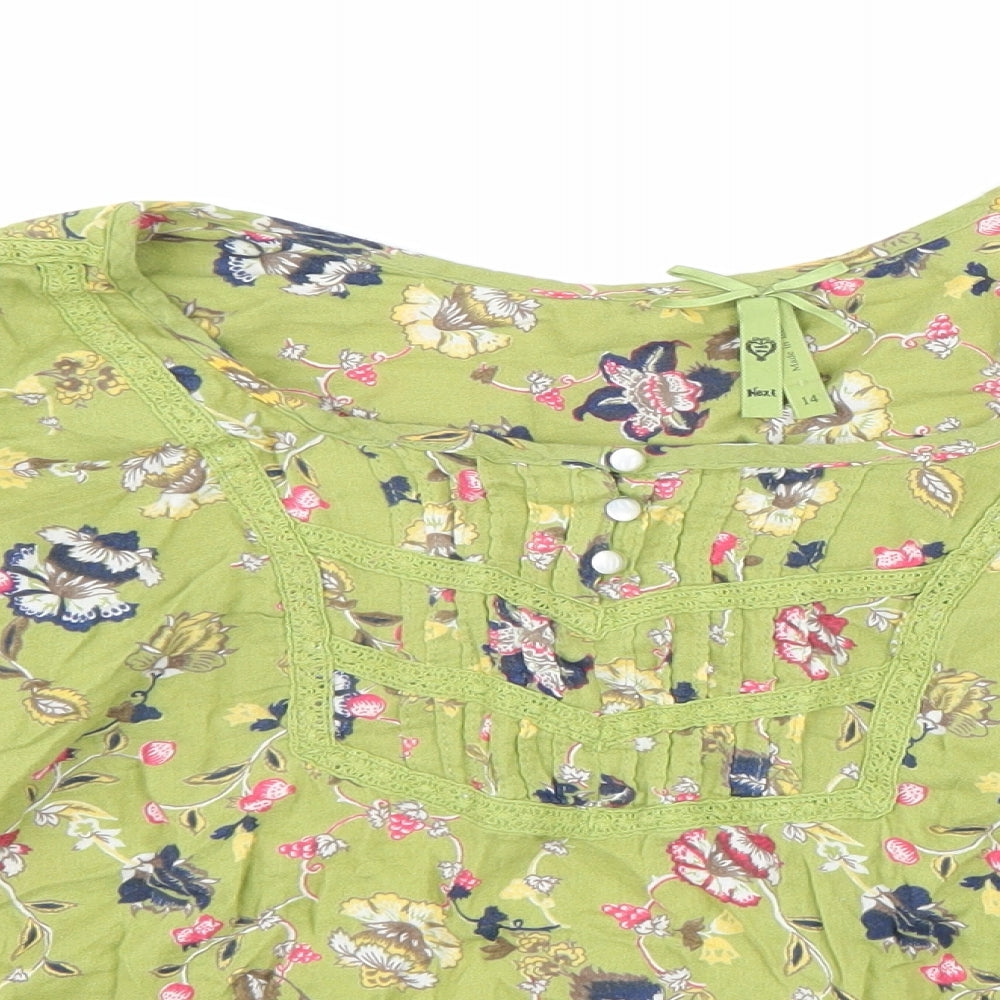 NEXT Womens Green Floral 100% Cotton Basic Blouse Size 14 Scoop Neck - Side Tie Detail