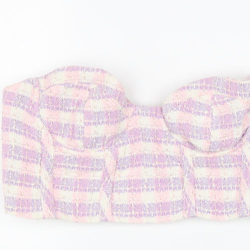 Zara Womens Purple Plaid Cotton Cropped Tank Size M Off the Shoulder - Bandeau
