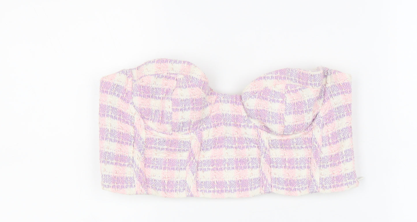 Zara Womens Purple Plaid Cotton Cropped Tank Size M Off the Shoulder - Bandeau