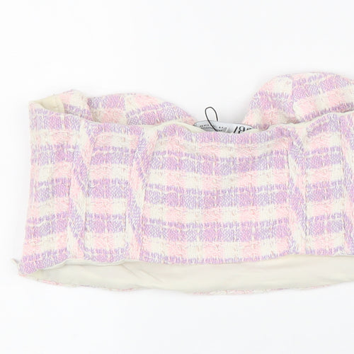Zara Womens Purple Plaid Cotton Cropped Tank Size M Off the Shoulder - Bandeau