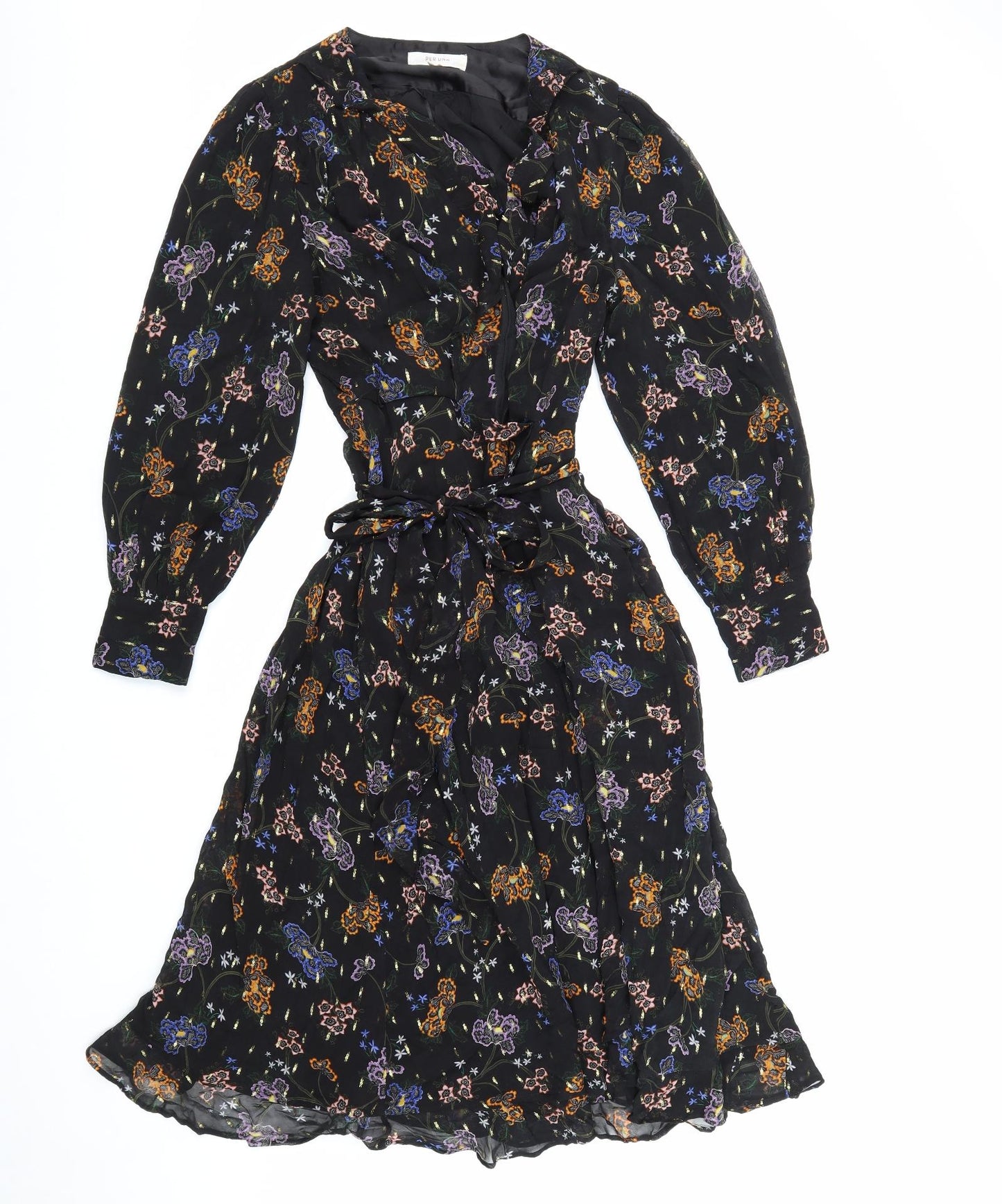 Per Una Womens Black Floral Polyester A-Line Size 14 V-Neck Zip