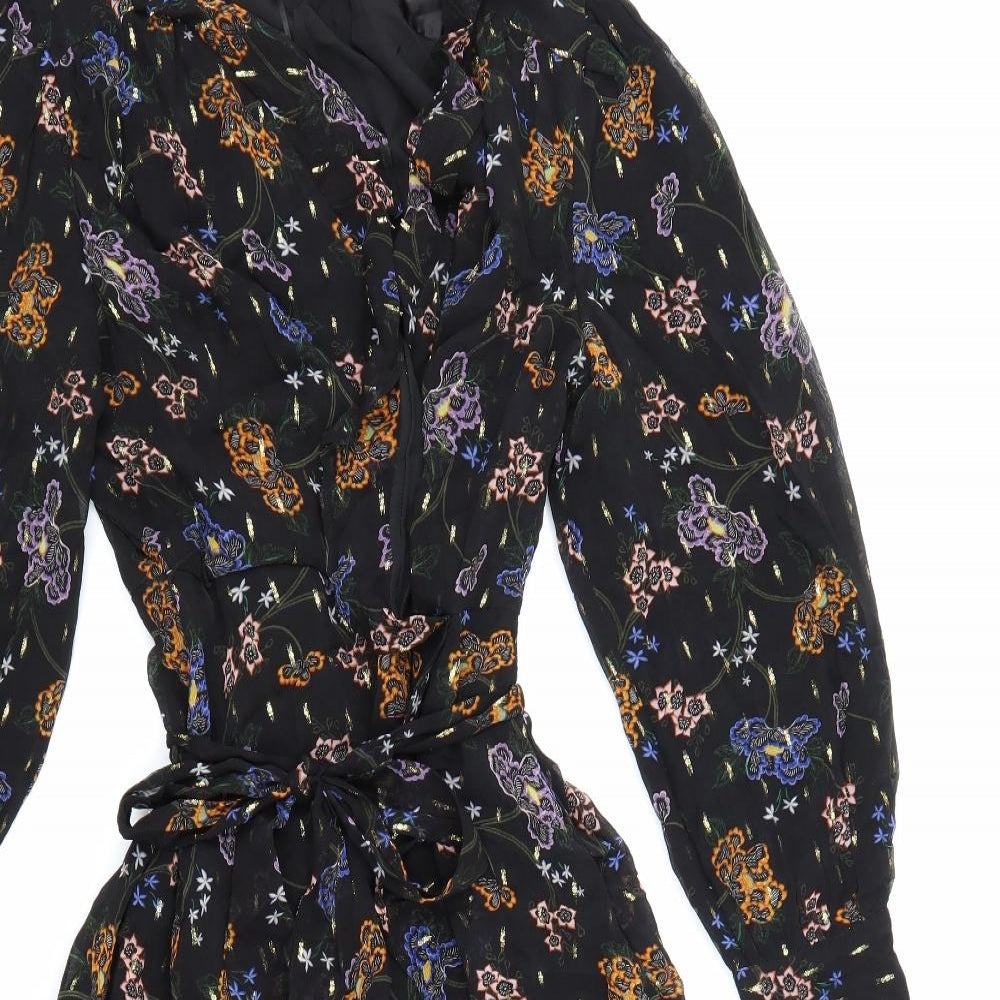 Per Una Womens Black Floral Polyester A-Line Size 14 V-Neck Zip