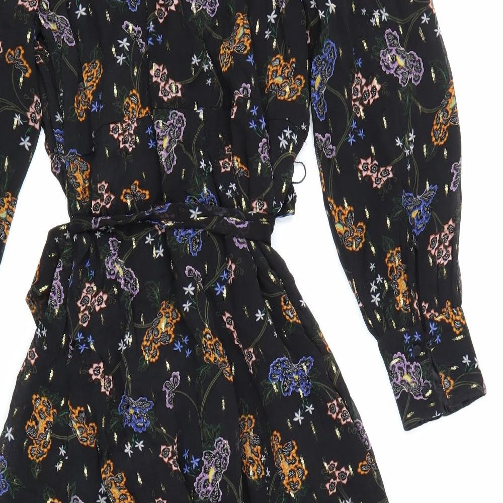 Per Una Womens Black Floral Polyester A-Line Size 14 V-Neck Zip