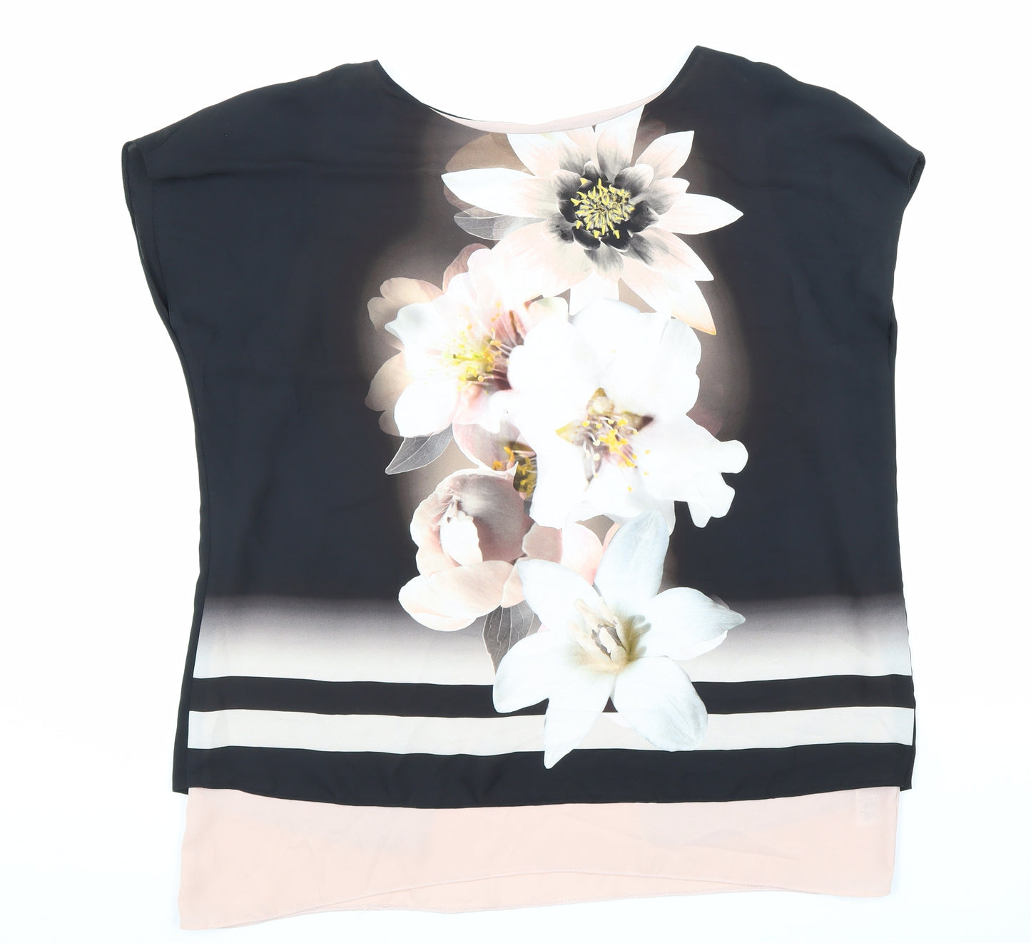 Wallis Womens Black Polyester Basic Blouse Size 14 Round Neck - Flower Detail