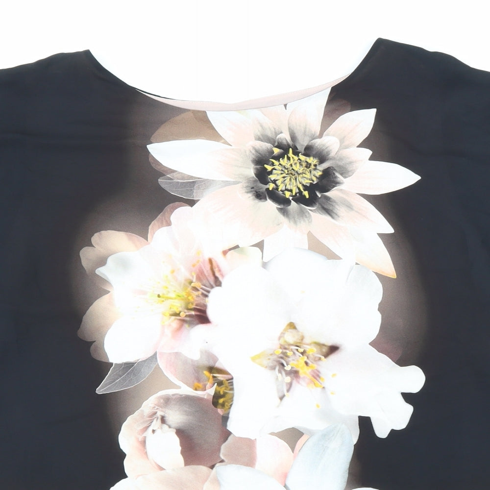 Wallis Womens Black Polyester Basic Blouse Size 14 Round Neck - Flower Detail