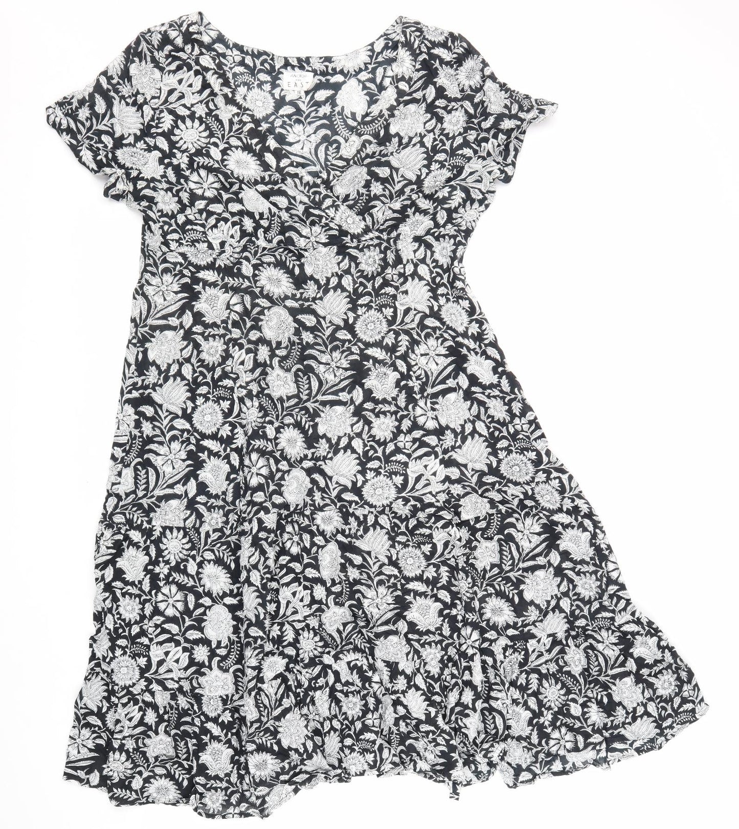 Anokhi Womens Black Floral 100% Cotton A-Line Size 16 V-Neck Zip